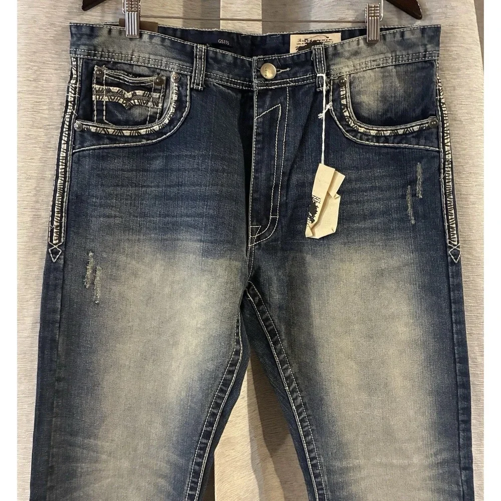 GS-115 Jeans Mens 36 Blue Premium Straight Leg Contrast Stitch Streetwear Denim